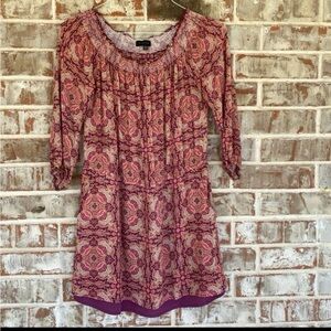 Sanctuary Burgundy and Pink Floral Peasant Neck Tunic Blouse